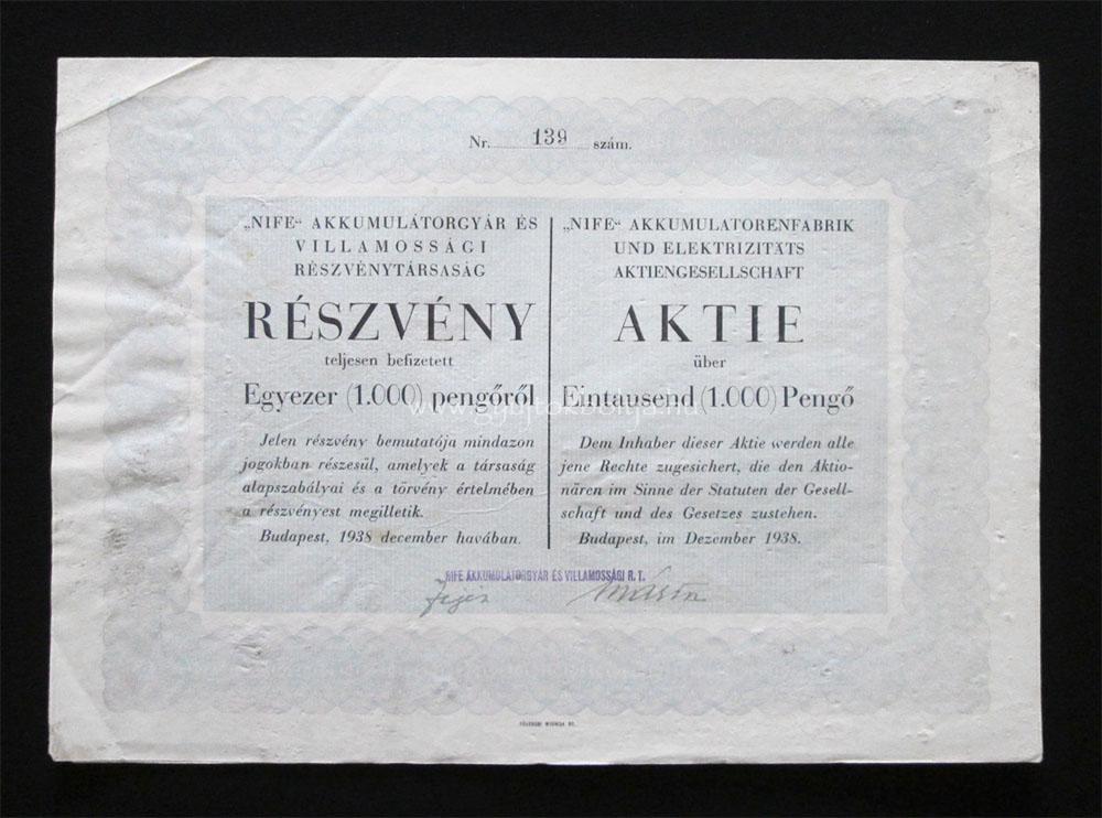 NIFE Akkumultorgyr s Villamossgi rszvny 1000 peng 1938
